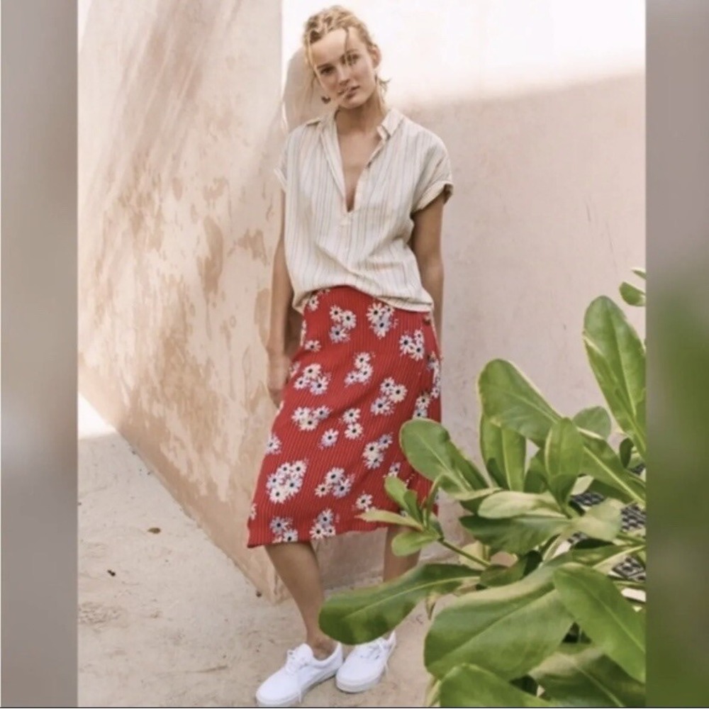 Madewell Skirt Womens 0 Side Button Daisy Society Retro Stripe Red Floral Size 4 - Picture 13 of 14